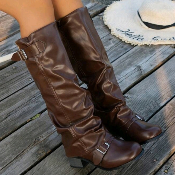 Brown Leather Low Heel Ruched Casual Long BootsStyle With Shorts - Picture 2 of 7